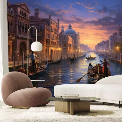 Papier peint  Coucher de soleil magique avec des gondoliers