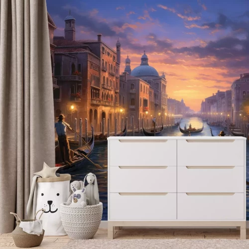 Papier peint  Coucher de soleil magique avec des gondoliers