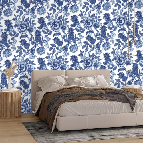 Papier peint  Fleurs parmi la végétation avec des ananas