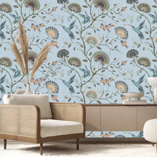 Papier peint  Branches avec des fleurs parmi les oiseaux