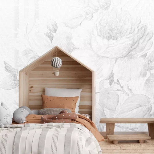 Papier peint  Croquis délicat au crayon de fleurs de rose et de feuilles