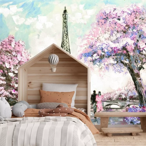 Papier peint  Paysage peint de Paris avec des fleurs de cerisier