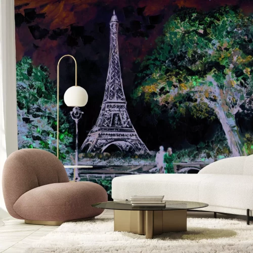 Papier peint  Paysage peint de Paris avec des fleurs de cerisier