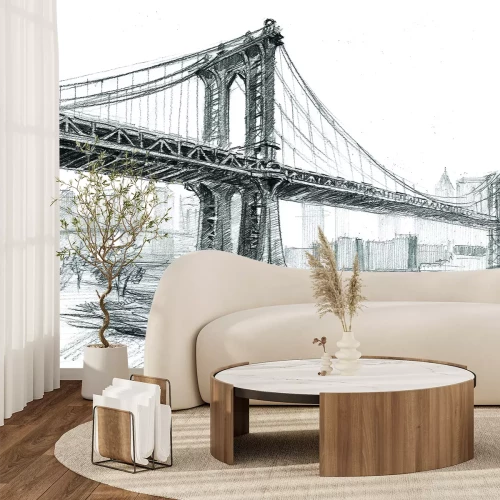 Papier peint  Dessin esquissé d'un pont sur fond de ville