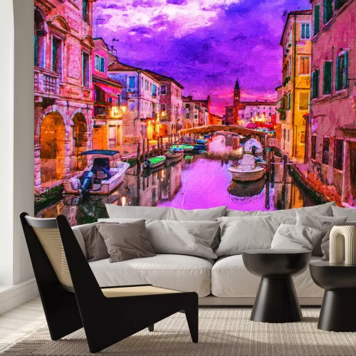 Papier peint  Venise peinte avec des bateaux sur fond de cathédrale
