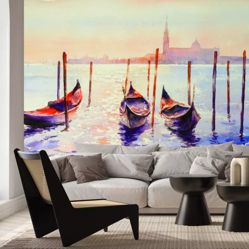 Papier peint  Gondoles peintes sur l'eau avec le coucher du soleil