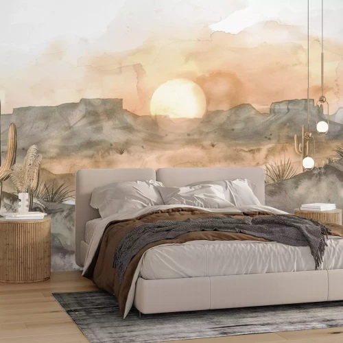 Papier peint  Aquarelle de cactus et montagnes dans le désert