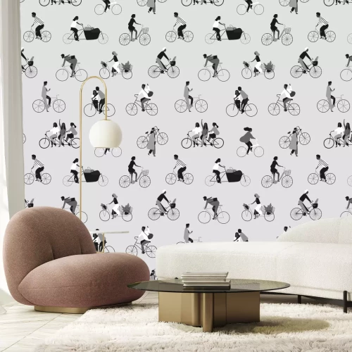 Papier peint  Motif en noir et blanc avec des gens à vélo