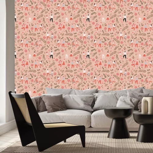 Papier peint  Des gens dansant parmi les fleurs et les feuilles