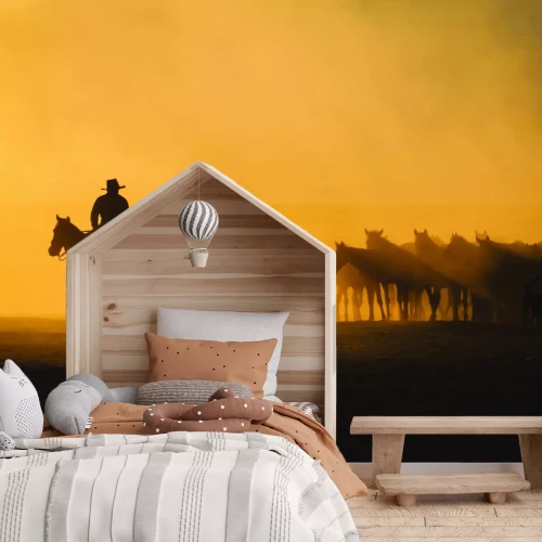 Papier peint  Homme avec des chevaux dans le désert