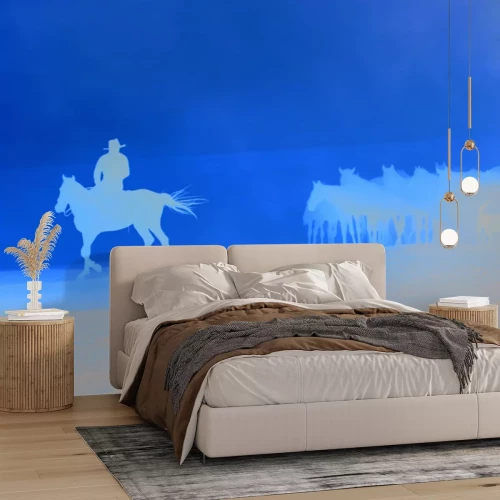 Papier peint  Homme avec des chevaux dans le désert