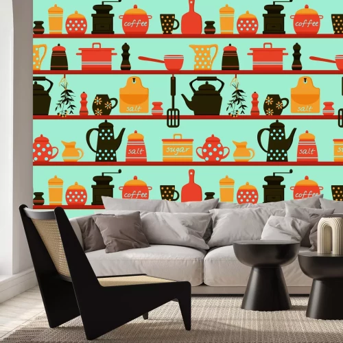 Papier peint  Vaisselle en porcelaine sur des étagères