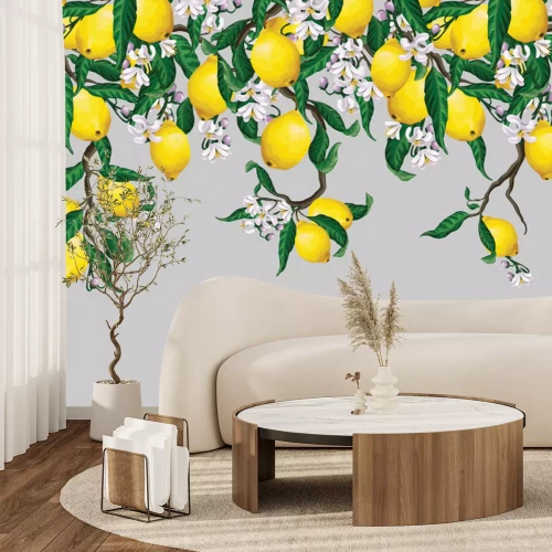 Papier peint  Citrons entourés de fleurs et de feuilles