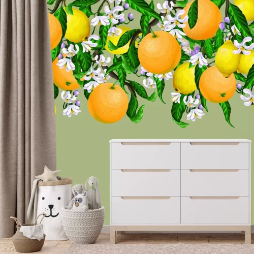 Papier peint  Oranges et citrons parmi les feuilles et les fleurs