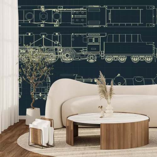 Papier peint  Croquis des pièces d'une locomotive à vapeur