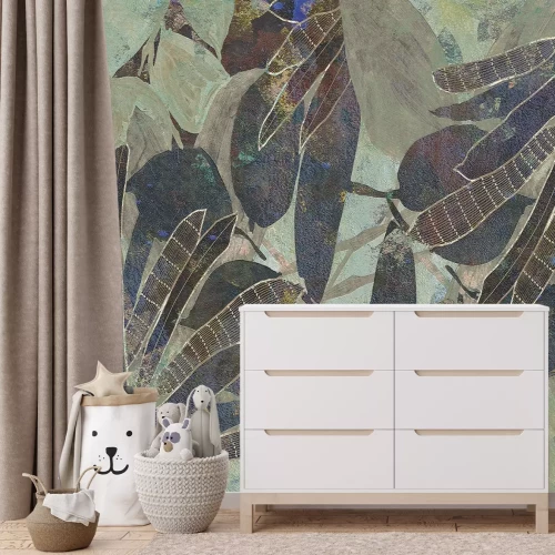 Papier peint  Feuilles tropicales aux couleurs sombres