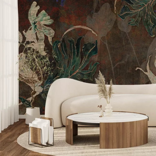 Papier peint  Feuilles tropicales sur une texture marron