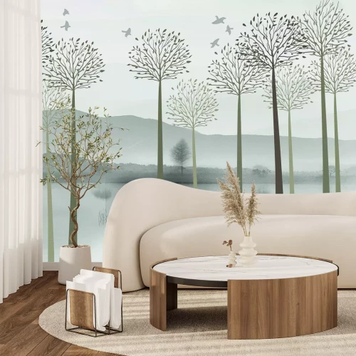 Papier peint  Arbres au bord de la rivière sur fond de montagne