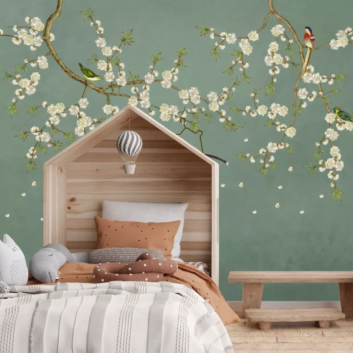 Papier peint  Branches de fleur de cerisier avec des oiseaux