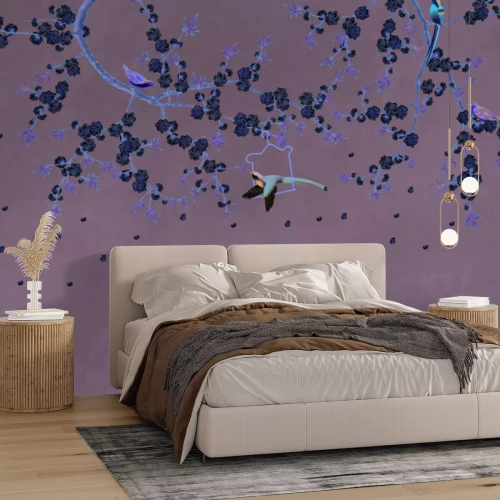 Papier peint  Branches de fleur de cerisier avec des oiseaux