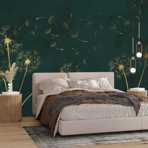 Papier peint  Pissenlits dorés sur fond vert