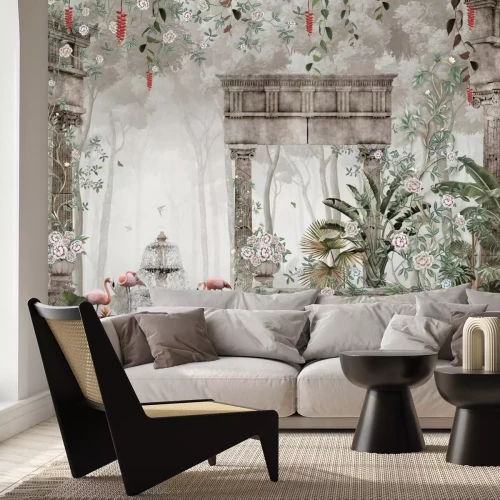 Papier peint  Forêt tropicale avec une fontaine et des colonnes