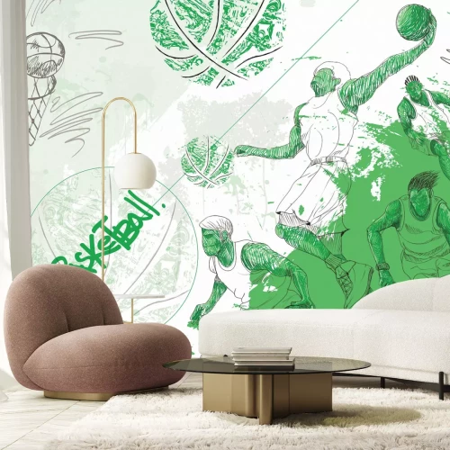 Papier peint  Joueurs de basket lançant au panier dans la verdure