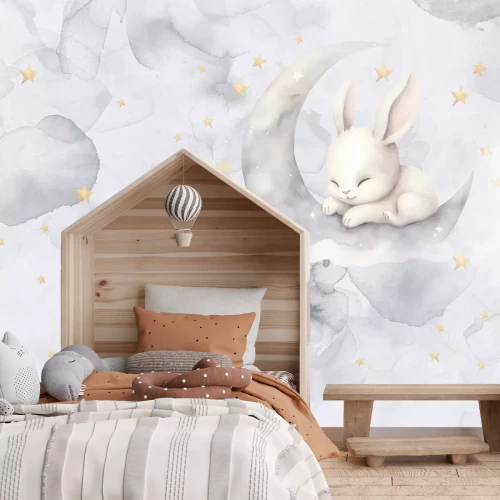 Papier peint  Aquarelle du ciel avec un lapin sur la lune