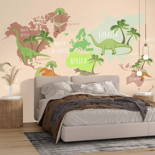 Papier peint  Carte du monde avec des dinosaures et des palmiers