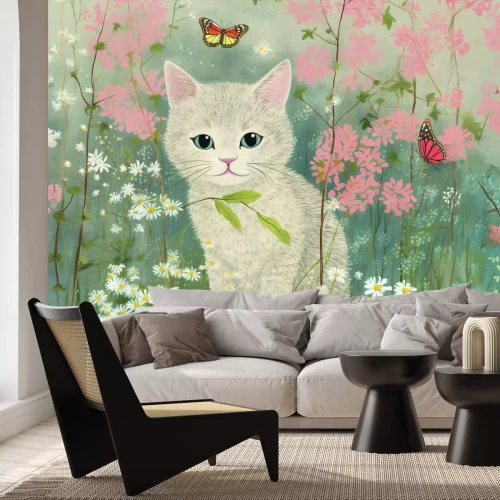 Papier peint  Chat blanc dans un pré avec des fleurs et des papillons