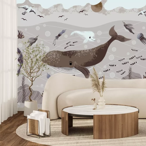 Papier peint  Baleine avec des méduses dans le monde sous-marin