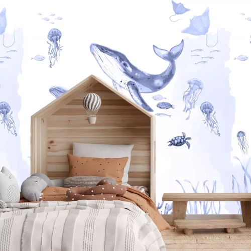 Papier peint  Baleine avec des méduses parmi la végétation marine