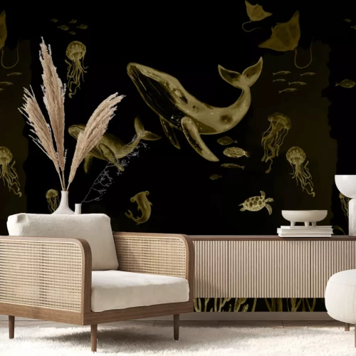 Papier peint  Baleine avec des méduses parmi la végétation marine