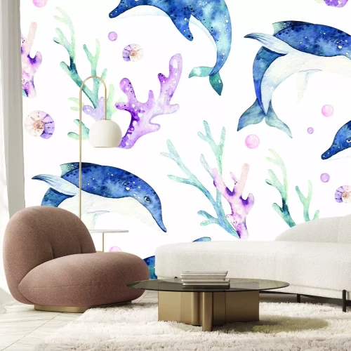 Papier peint  Dessin peint avec des dauphins et un récif