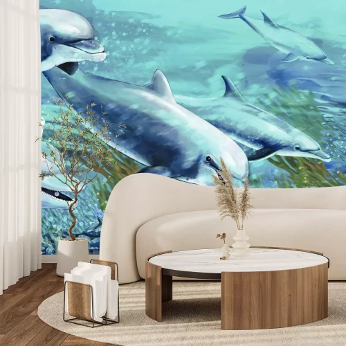 Papier peint  Dauphins nageant parmi le récif corallien