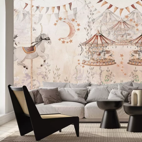 Papier peint  Végétation féerique avec carrousels et chevaux