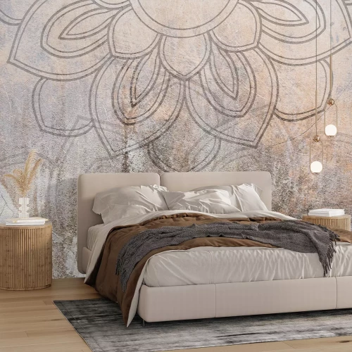 Papier peint  Fleur sur béton avec décoration dorée