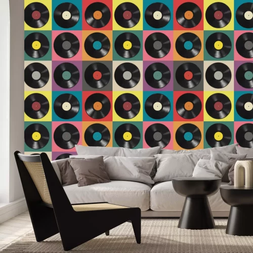 Papier peint  Disques vinyles sur des carreaux colorés