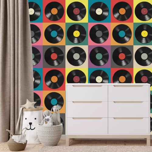 Papier peint  Disques vinyles sur des carreaux colorés