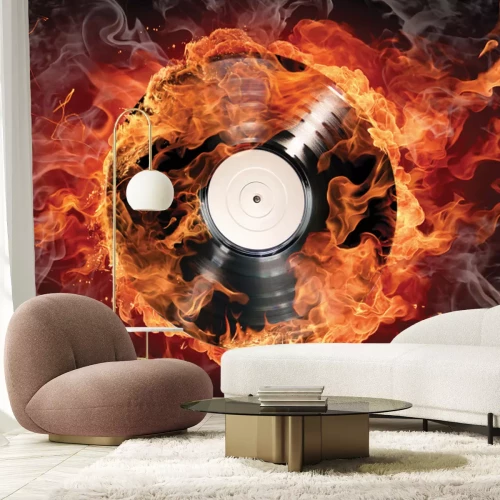 Papier peint  Disque vinyle entouré de feu