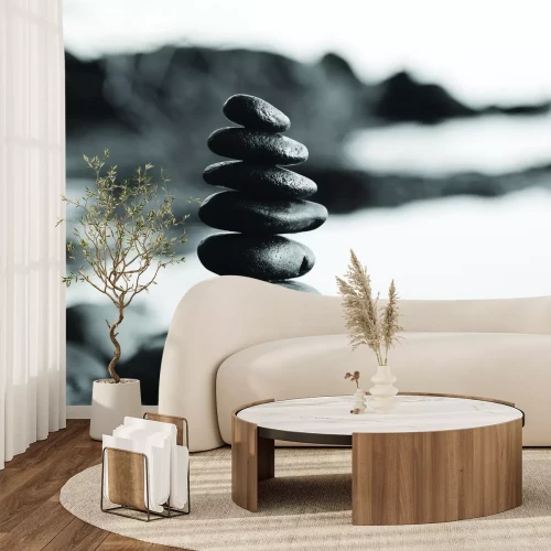 Papier peint  Motif noir et blanc avec des pierres sur fond de mer