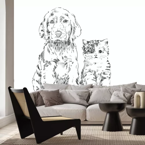 Papier peint  Dessin esquissé d’un chien et d’un chat