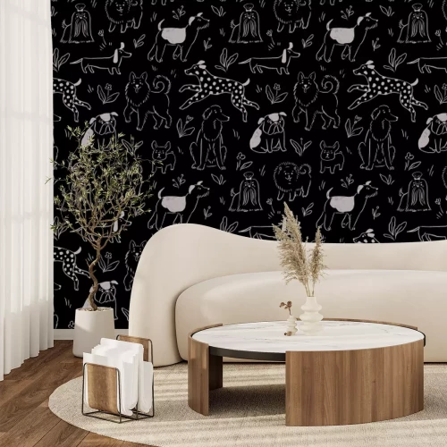 Papier peint  Chiens dessinés dans une clairière avec des fleurs