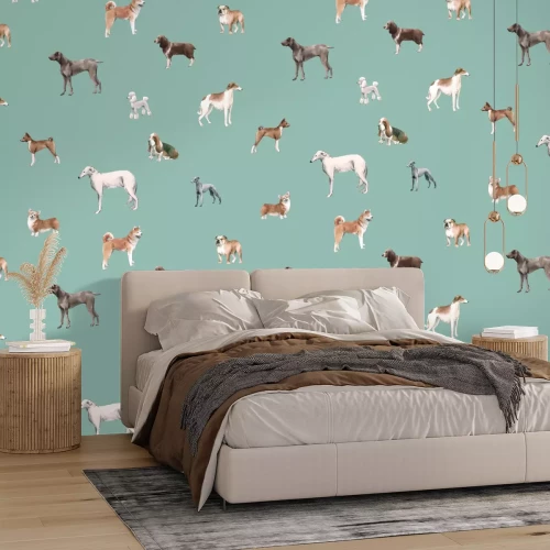 Papier peint  Chiens variés sur fond bleu