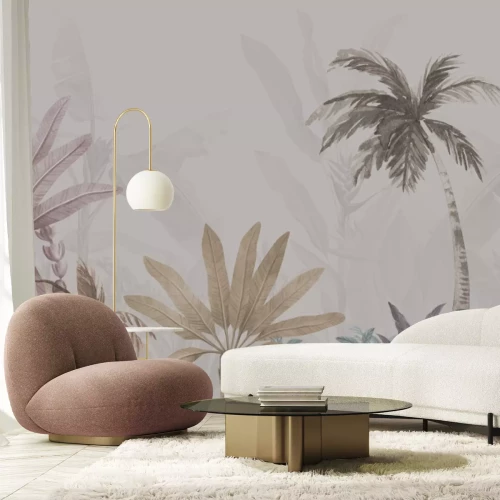 Papier peint  Palmiers colorés sur fond gris