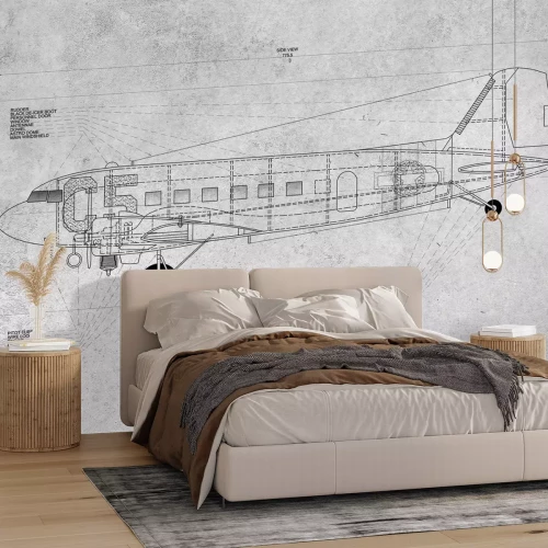 Papier peint  Dessin technique d’un avion sur fond gris texturé