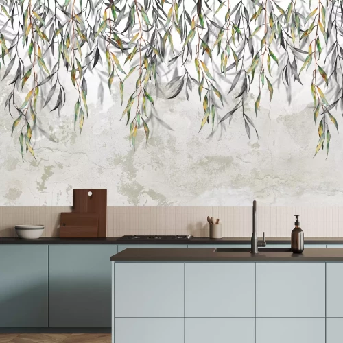 Papier peint  Jeunes pousses vertes suspendues de l'arbre avec des feuilles