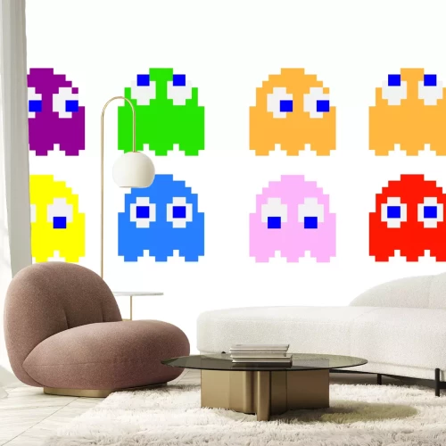 Papier peint  Illustration de personnages de Pac-Man sur fond blanc
