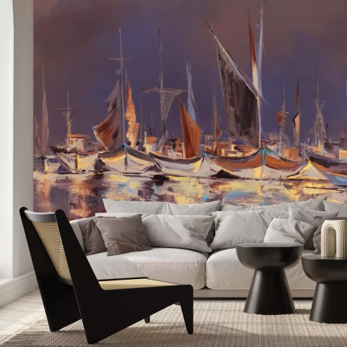 Papier peint  Motif pittoresque avec des voiliers sur l'eau