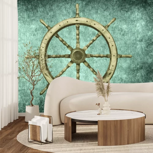 Papier peint  Gouvernail en bois d'un bateau sur fond en béton